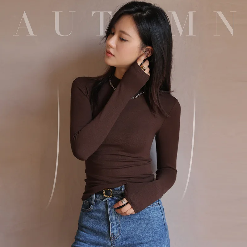 Slim Look Inside Half High Collar Base T Shirt Coffee - Shop at LoveMi