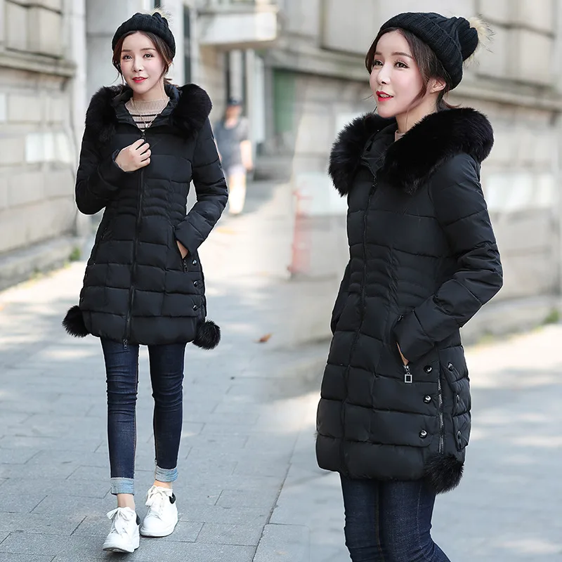 Autumn And Winter Clothing New Women's Mid length Coat Fur Collar Cinched Cotton padded Coat Women's Fashion Mid length Women's Quilted Cotton Coat... Black - Shop at LoveMi