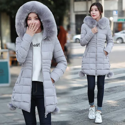 Autumn And Winter Clothing New Women's Mid length Coat Fur Collar Cinched Cotton padded Coat Women's Fashion Mid length Women's Quilted Cotton Coat Gray - Shop at LoveMi
