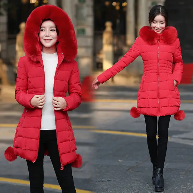 Autumn And Winter Clothing New Women's Mid length Coat Fur Collar Cinched Cotton padded Coat Women's Fashion Mid length Women's Quilted Cotton Coat... Red - Shop at LoveMi