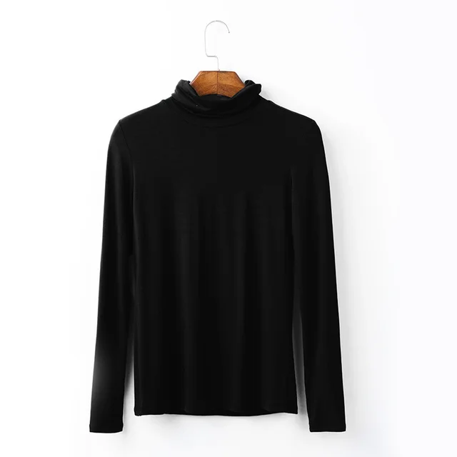 Oversize Women's Long Sleeved T shirt Solid Color High Collar Modal Undercoat Black - Shop at LoveMi
