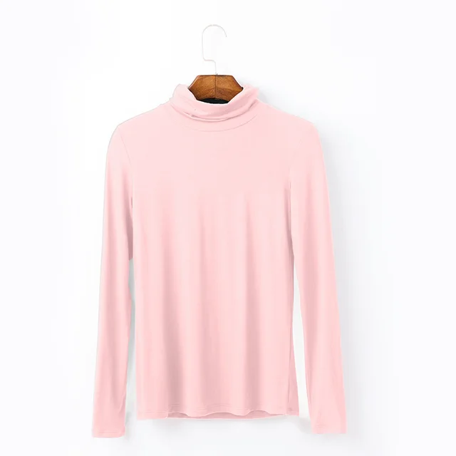 Oversize Women's Long Sleeved T shirt Solid Color High Collar Modal Undercoat Pink - Shop at LoveMi