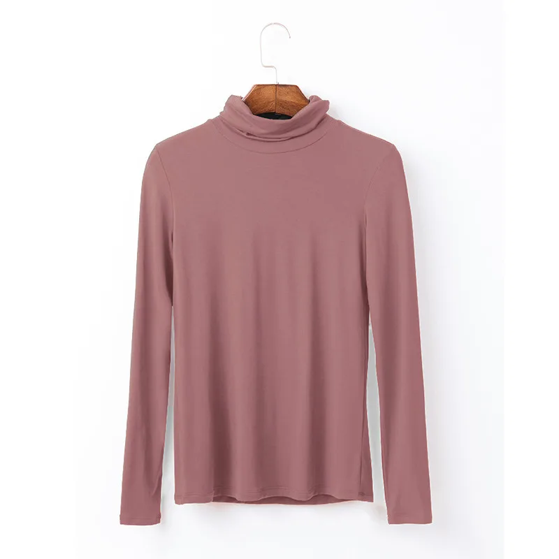 Oversize Women's Long Sleeved T-shirt Solid Color High Collar Modal Undercoat - Pea Sand