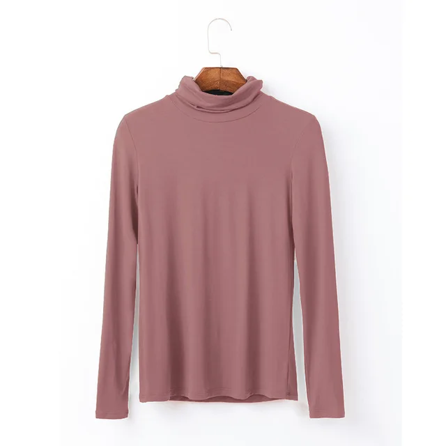 Oversize Women's Long Sleeved T shirt Solid Color High Collar Modal Undercoat Pea Sand - Shop at LoveMi