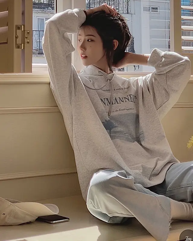 Letter Print American Vintage Hoodie Plus Size Grey - Shop at LoveMi