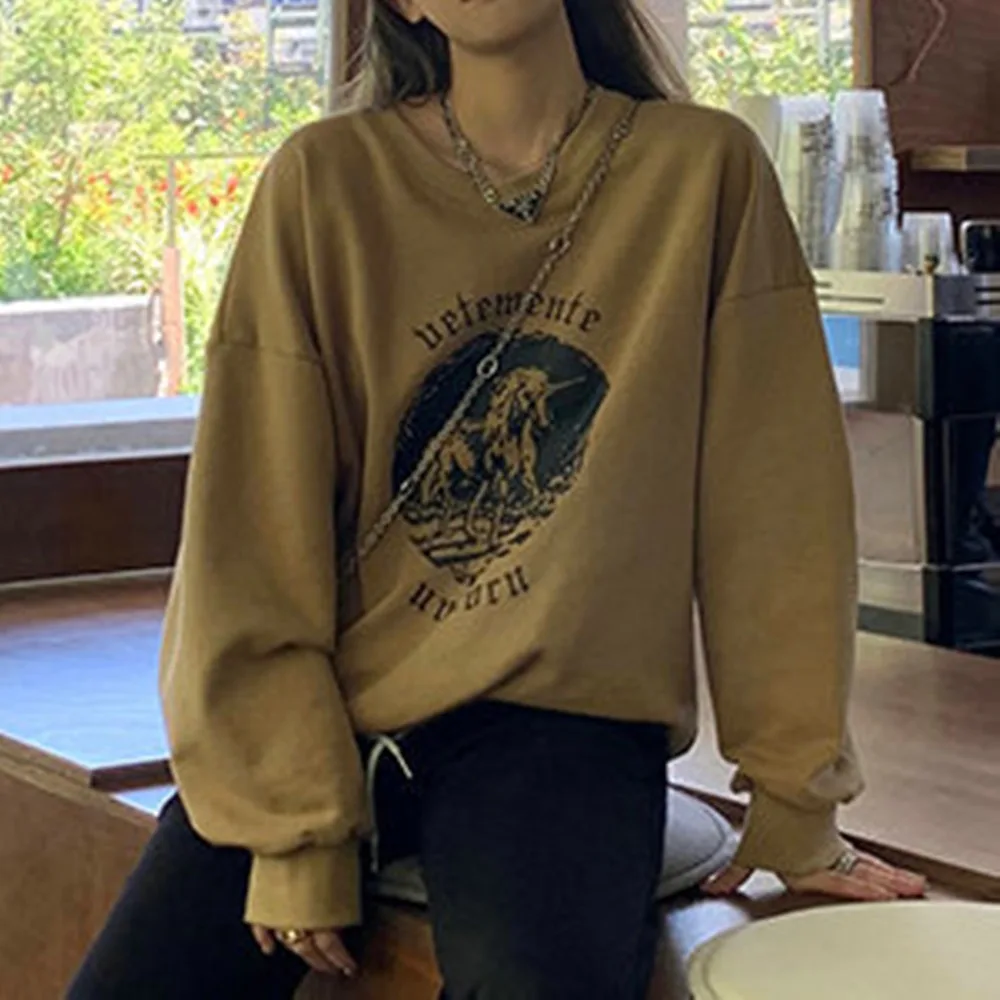 Women's Casual Round Neck Niche Print Pullover Sweater Coffee - Shop at LoveMi