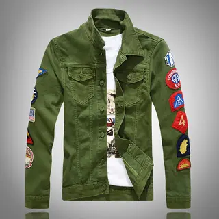 Fashion Slim Men's Patch Denim Jacket - Green