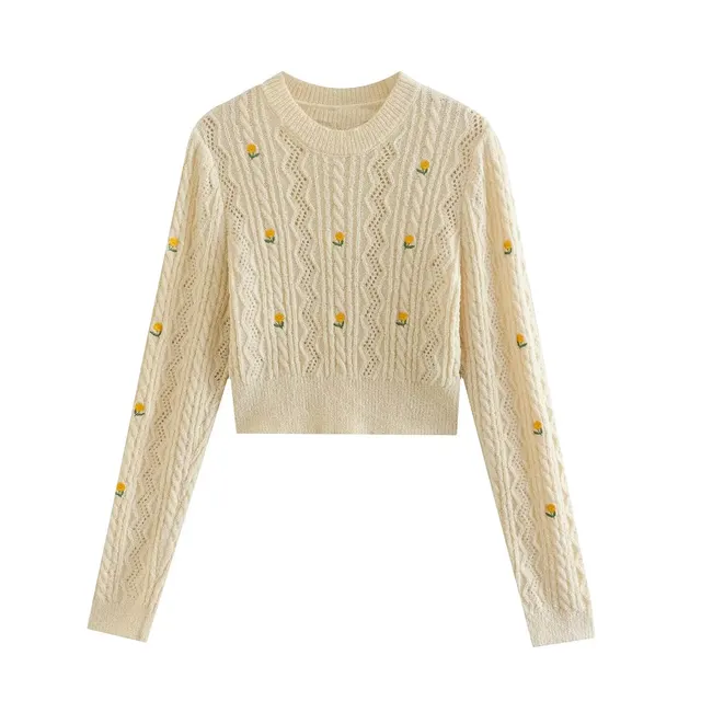 Embroidered Small Flower Round Neck Long Sleeve Fashion As Shown In Figure - Shop at LoveMi