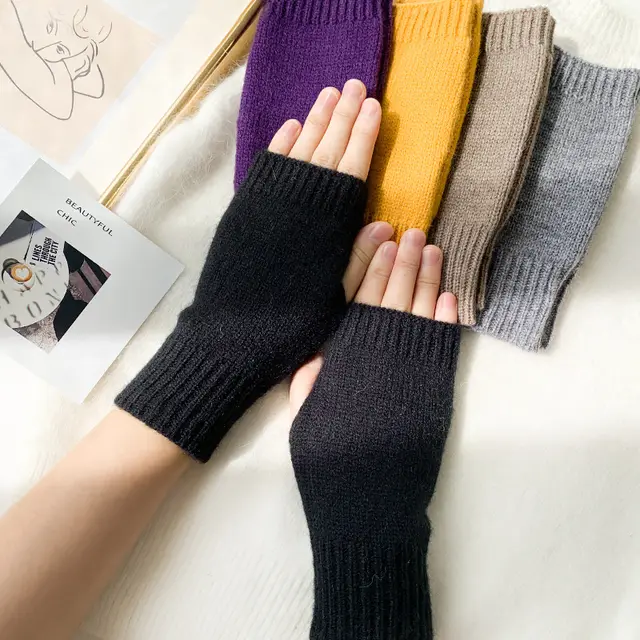Women Stylish Hand Girl Arm Crochet Knitting Hollow Warm Fingerless Gloves - Black