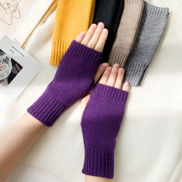 Women Stylish Hand Girl Arm Crochet Knitting Hollow Warm Fingerless Gloves Purple - Shop at LoveMi
