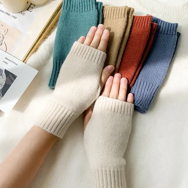 Women Stylish Hand Girl Arm Crochet Knitting Hollow Warm Fingerless Gloves Rice White - Shop at LoveMi