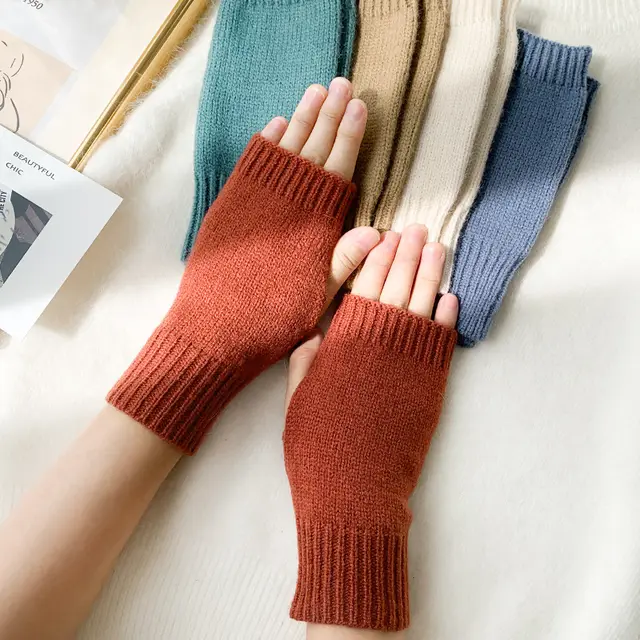 Women Stylish Hand Girl Arm Crochet Knitting Hollow Warm Fingerless Gloves Rust Red - Shop at LoveMi