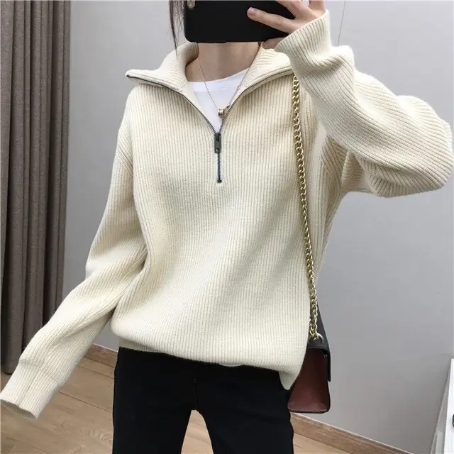 Elegant Large Lapel Zipper Pullover Sweater For Women White - Shop at LoveMi