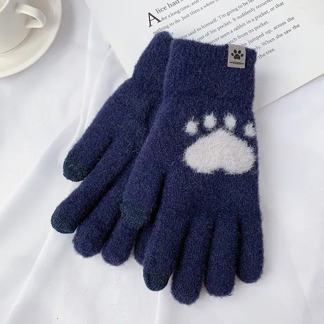 Women's Fashion Warmth Anti cold Padded Cat Paw Gloves Navy Blue - Shop at LoveMi