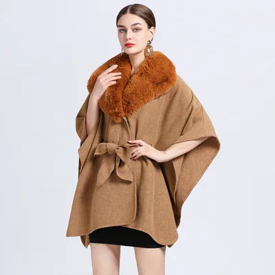 Faux Rex Rabbit Fur Collar Knit Shawl Cape Camel - Shop at LoveMi