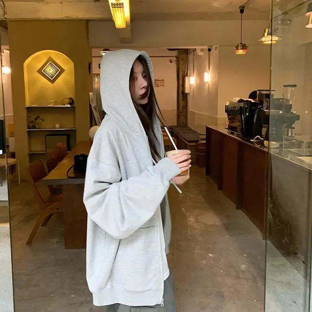 Grey Zip Cardigan Hooded Sweater Women's Loose Top Flower Grey - Shop at LoveMi