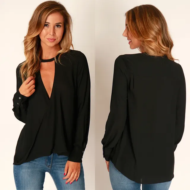 European And American Fashion Deep V neck Halter Top Women's Long sleeved Chiffon Shirt Black - Shop at LoveMi