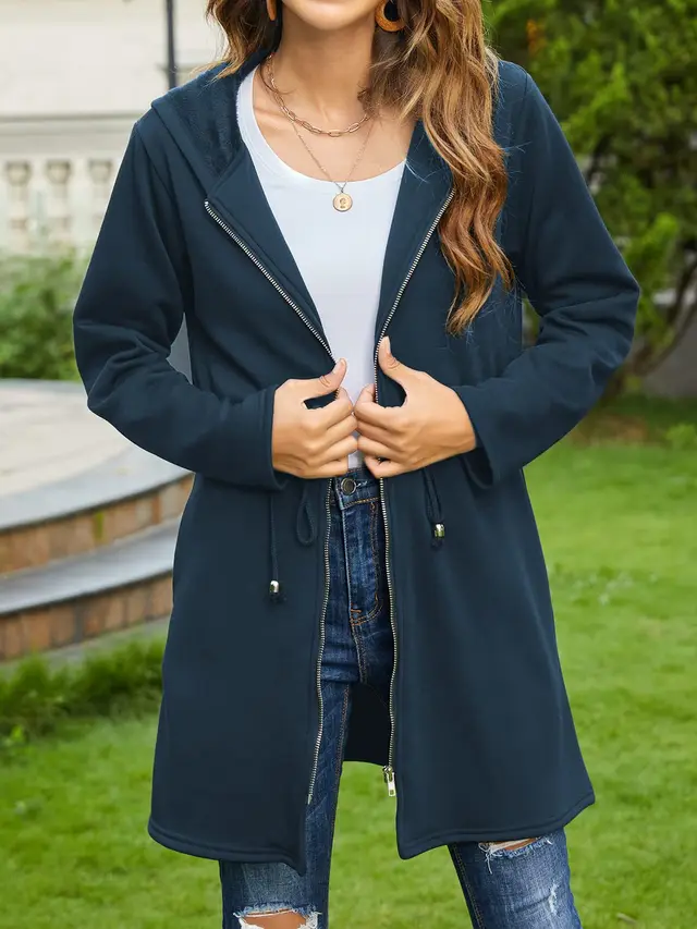 Solid Color Hoodie Fluff Scratch Jacket Jacket Cardigan Navy Blue - Shop at LoveMi