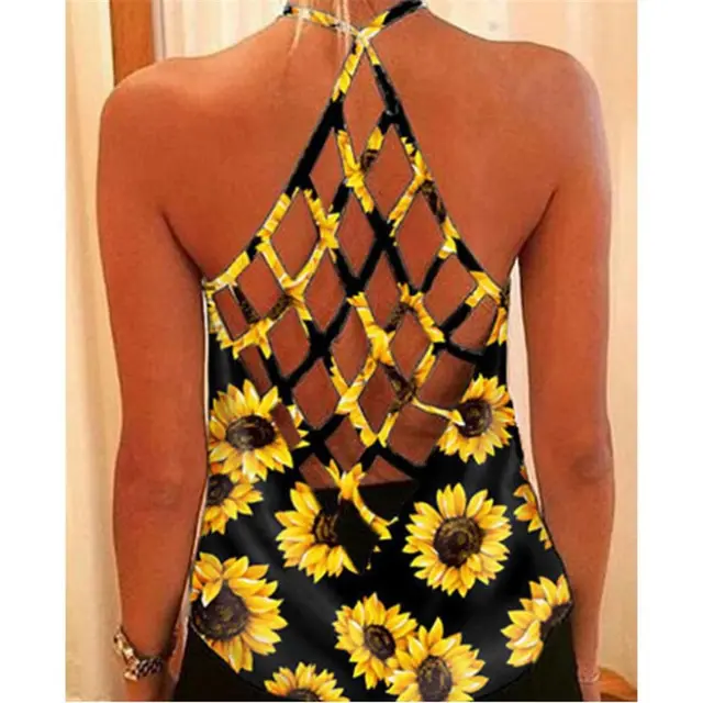 Summer New Printed T shirt Cross Hollow Back Spaghetti strap Camisole Top Women In Stock Black Sunflower - Shop at LoveMi
