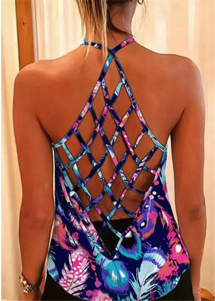 Summer New Printed T shirt Cross Hollow Back Spaghetti strap Camisole Top Women In Stock Feather Print Xxl - Shop at LoveMi