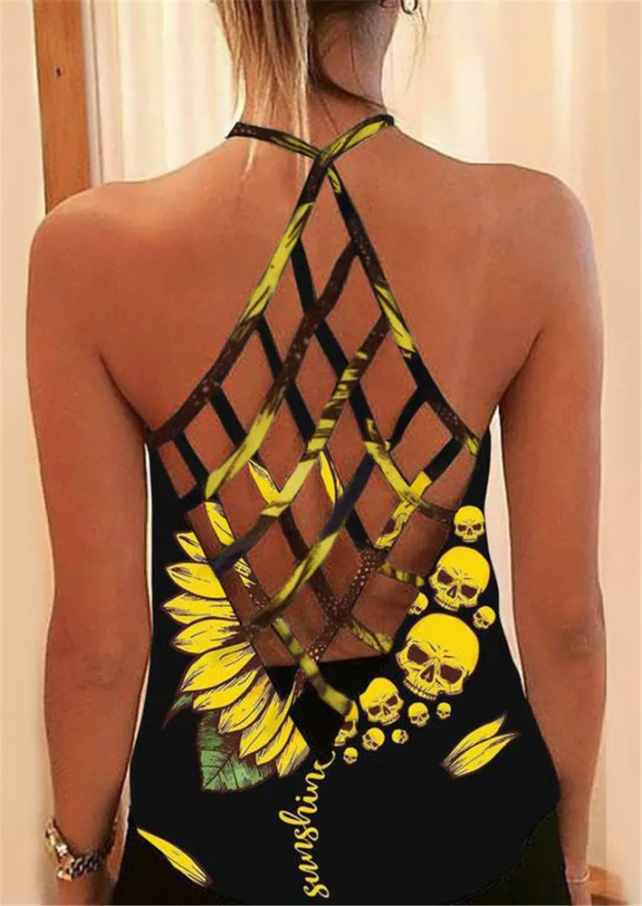 Summer New Printed T shirt Cross Hollow Back Spaghetti strap Camisole Top Women In Stock Skull Print L - Shop at LoveMi