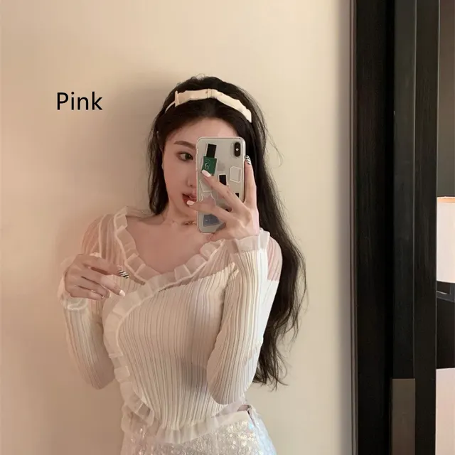 Long Sleeve Knitted T Shirt Thin With Wooden Ear Edge Pink - Shop at LoveMi