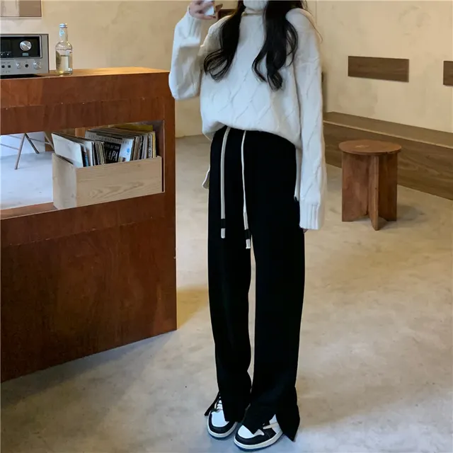 High Waist Loose Wide Leg Trousers Floor Length Trousers Black - Shop at LoveMi