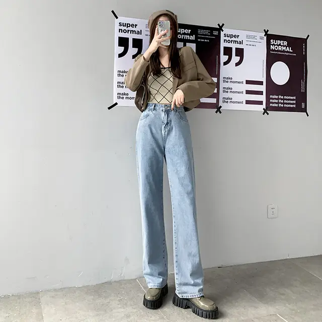 Women's Vintage Straight Loose Skinny High Waist Dragged Wide Leg Pants Light Blue - Shop at LoveMi