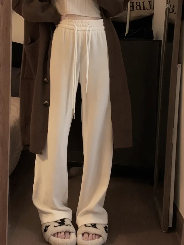 Women's Autumn Drawstring Straight Mop Pants White - Shop at LoveMi