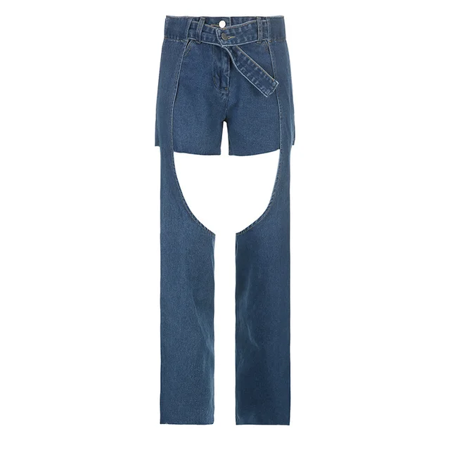 Design Sense Irregular Hollow Straight Jeans Blue - Shop at LoveMi