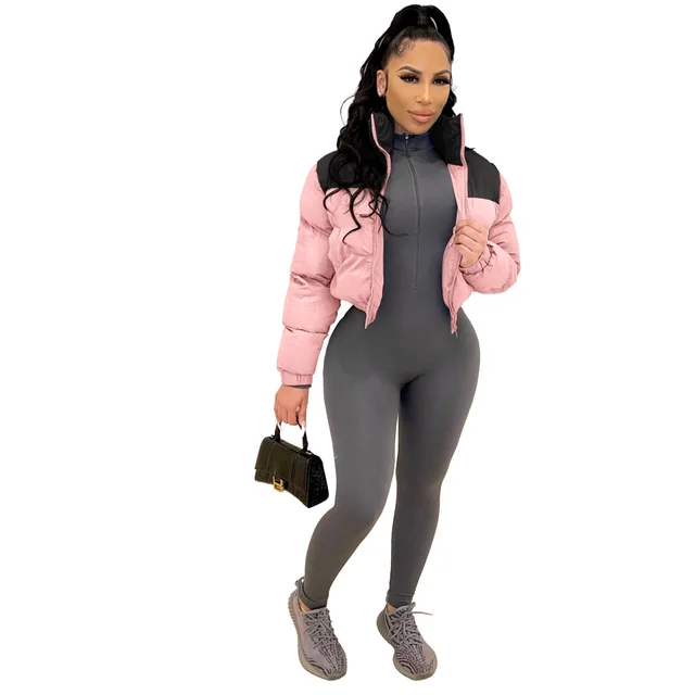 Women's Coat Fashionable Brand Classic Cotton padded Jacket European And American Short Flight Jacket Black Splicing Pink - Shop at LoveMi