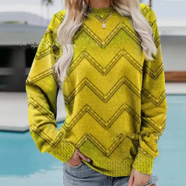 Color Block Denim Printing Casual Long sleeved Geometric Sweater For Women Yellow - Shop at LoveMi
