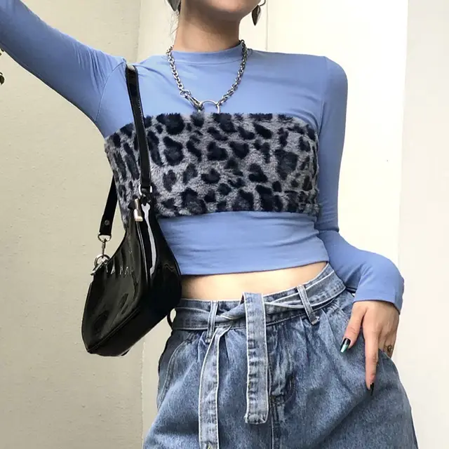 Round Neck Hair Leopard Print Mosaic Slim Slim Long Sleeve T shirt Blouse Women Blue - Shop at LoveMi