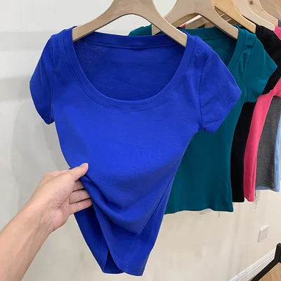Cotton T shirt Women's Short Sleeve Low Collar Collarbone Blue - Shop at LoveMi