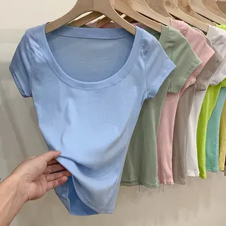 Cotton T-shirt Women's Short Sleeve Low Collar Collarbone - Light Blue