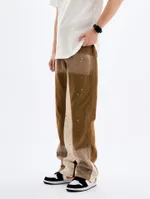 Wash Water Splicing Straight Cowboy Pants - Coffee