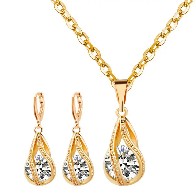 S163 Korean simple zircon jewelry set Silver Drop Necklace Earrings set new bride wedding Gold - Shop at LoveMi