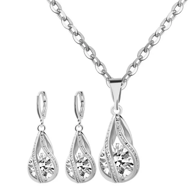 S163 Korean simple zircon jewelry set Silver Drop Necklace Earrings set new bride wedding Silver - Shop at LoveMi