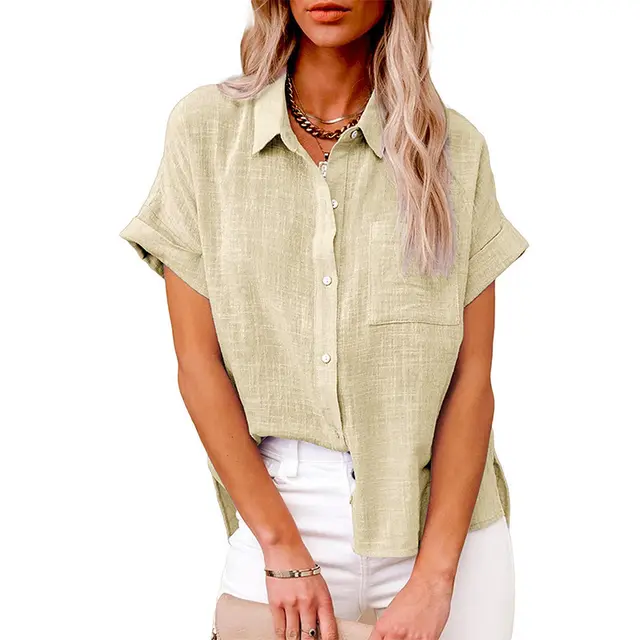 Summer Lapel Short Sleeve Shirt With Pockets Fashion Casual Solid Color Button Tops Women's Clothing Apricot - Shop at LoveMi