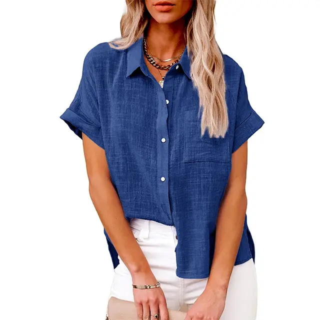 Summer Lapel Short Sleeve Shirt With Pockets Fashion Casual Solid Color Button Tops Women's Clothing Blue - Shop at LoveMi