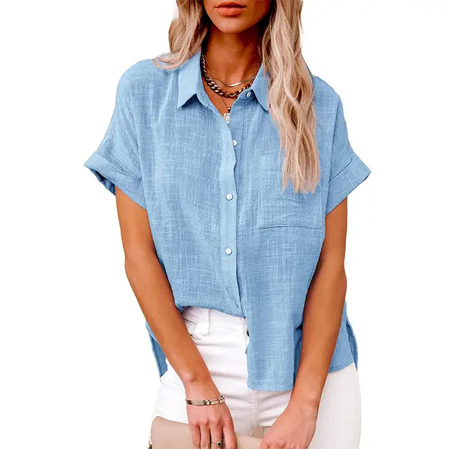 Summer Lapel Short Sleeve Shirt With Pockets Fashion Casual Solid Color Button Tops Women's Clothing Sky Blue - Shop at LoveMi