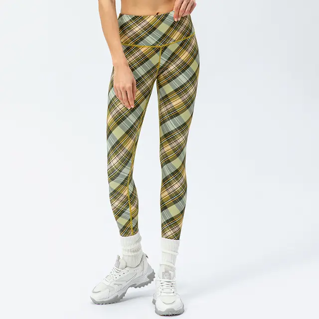 Women's Houndstooth Yoga Trousers Nude Feel High Waist Peach Hip Tight Running Exercise Pants Plaid Elements Mustard Plaid - Shop at LoveMi