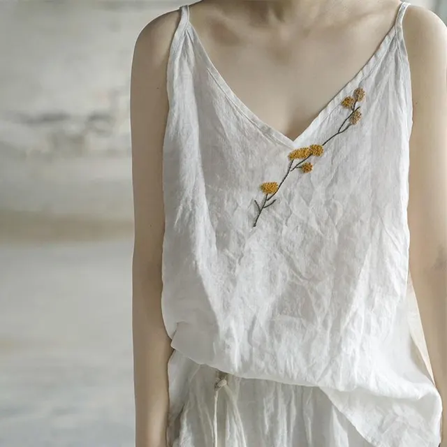 Pure Cotton And Linen Summer New Vintage Solid Color Embroidered Vest White - Shop at LoveMi
