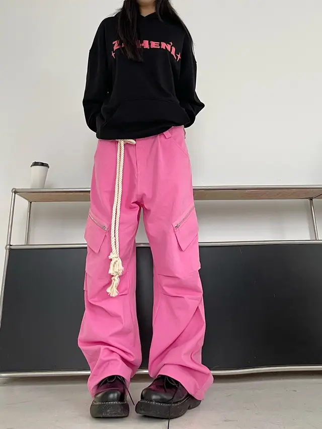 Guochao Large Pocket Retro Casual Zipper Pants Pink - Shop at LoveMi