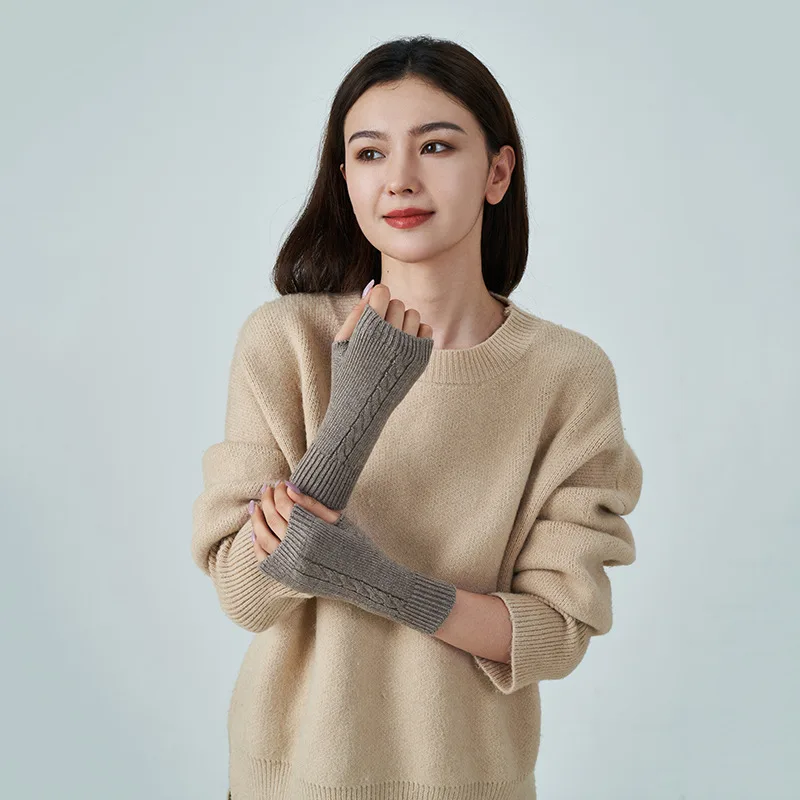 Men's And Women's Wool Thickened Warm Half Finger Gloves - Camel