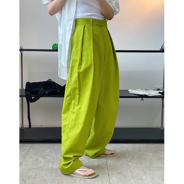 New Fashionable Linen High Waist Wide Leg Casual Trousers For Women Green - Shop at LoveMi