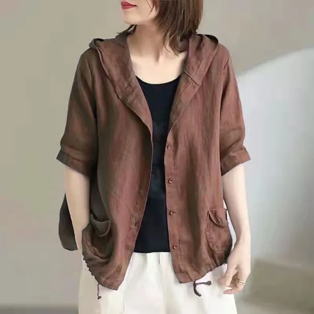 Women's Large Loose Vintage Cotton And Linen Casual Thin Hooded Cardigan Coffee - Shop at LoveMi