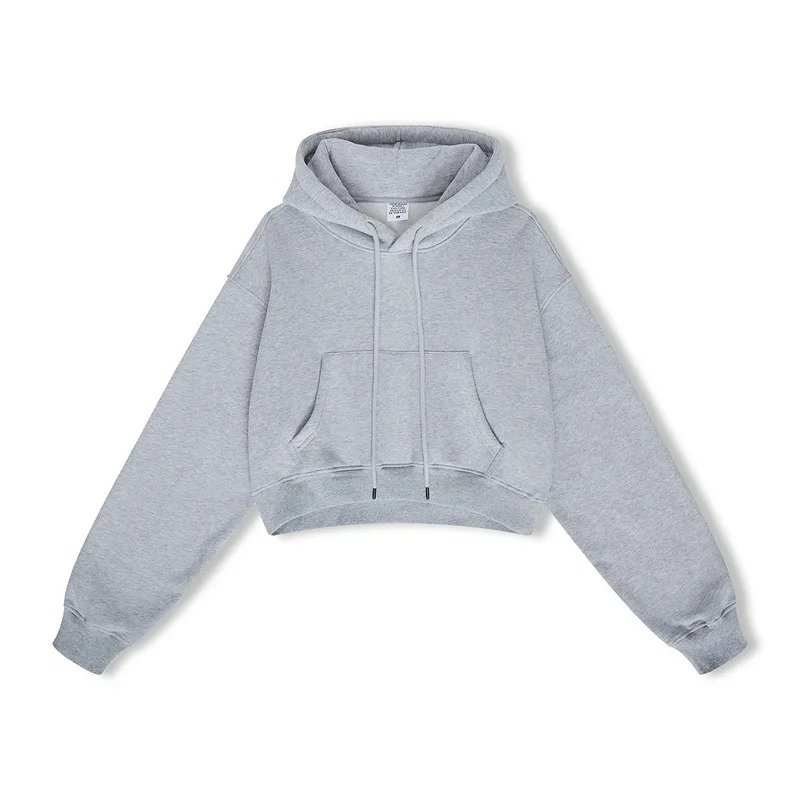 European And American High Street Women's Short Hooded Plush Sweater - Flower Grey