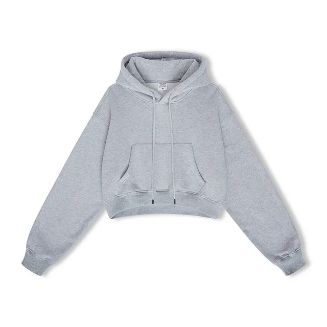 European And American High Street Women's Short Hooded Plush Sweater Flower Grey - Shop at LoveMi