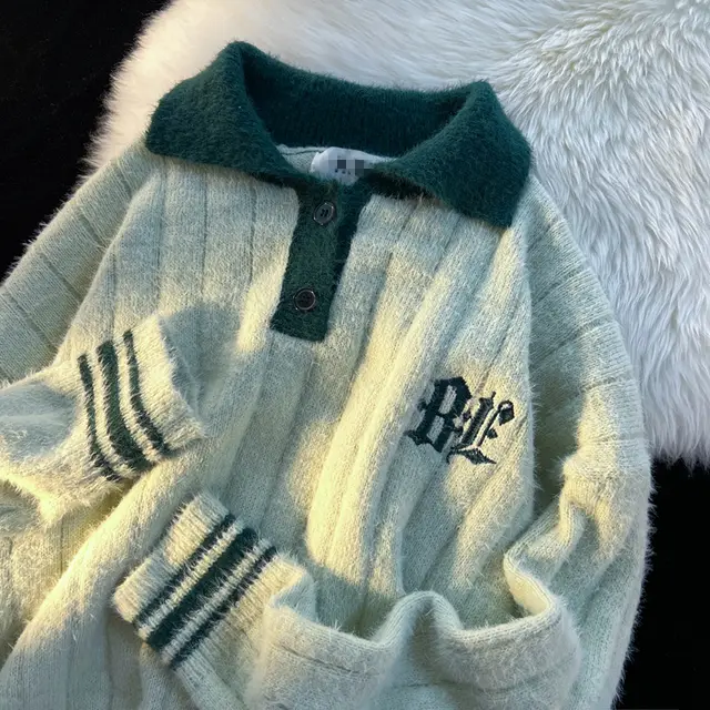 Soft Cream Retro Polo Neck Sweater Loose Small Crowd Green - Shop at LoveMi